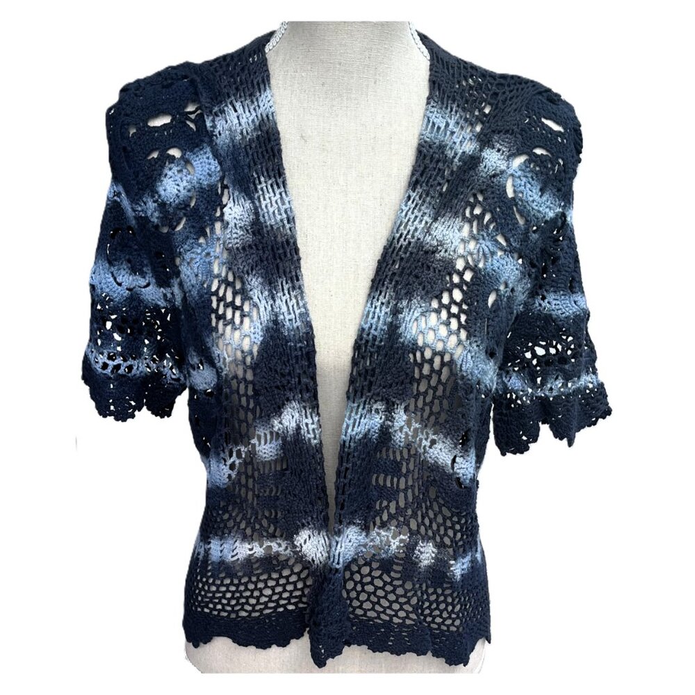🆕💙Unique 100% Cotton Short Sleeve Hand-dye & Hand Crochet Jacket in Blue Strip